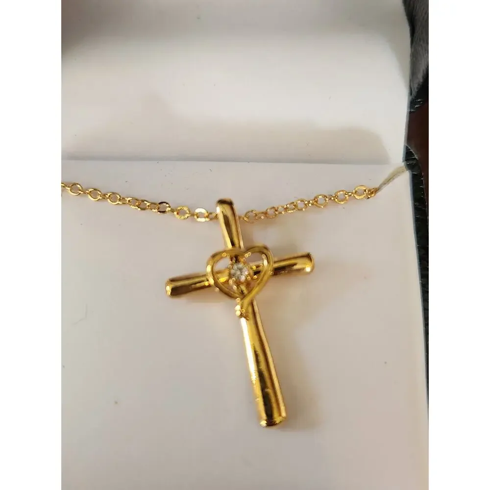 Tivoli Gold Tone Cross Heart Pendant Necklace Crystal Accent - Picture 2 of 6